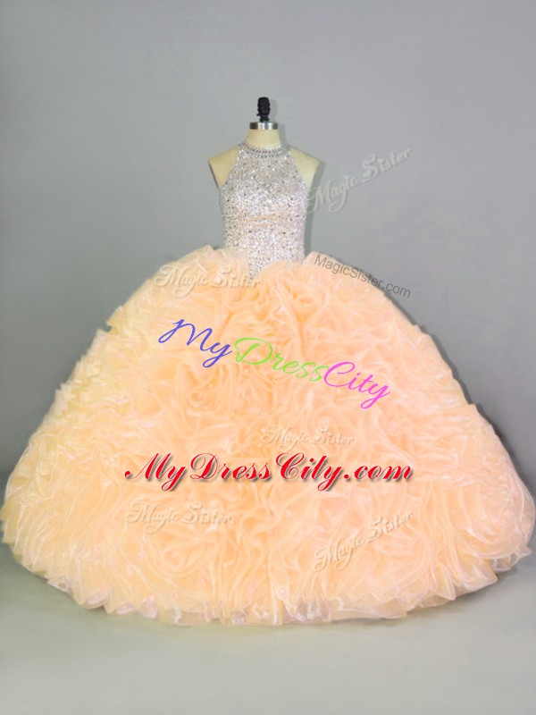 Peach Organza Lace Up Halter Top Sleeveless Floor Length Sweet 16 Quinceanera Dress Beading and Ruffles