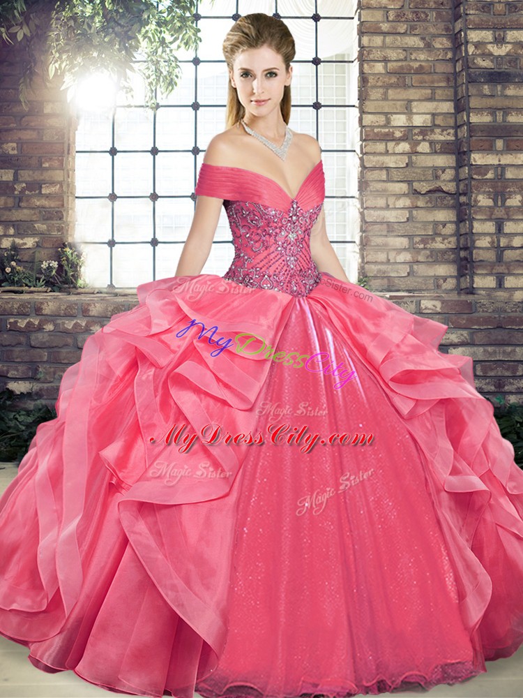 Super Floor Length Coral Red Quinceanera Gowns Organza Sleeveless Beading and Ruffles