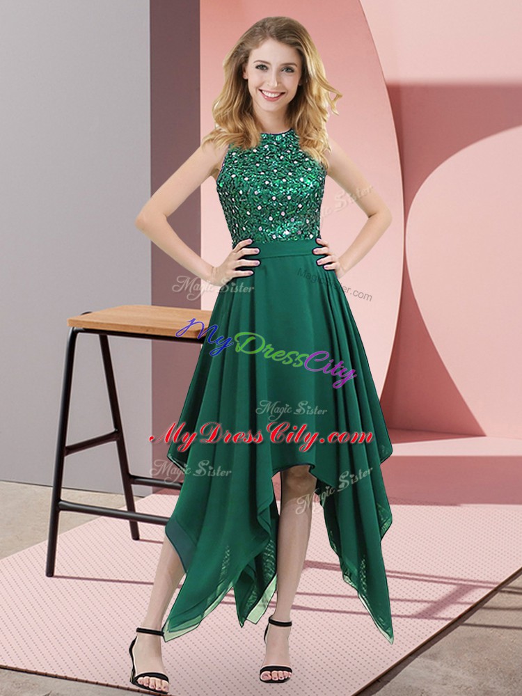 On Sale Sleeveless Chiffon Asymmetrical Zipper Prom Evening Gown in Dark Green with Beading and Sequins