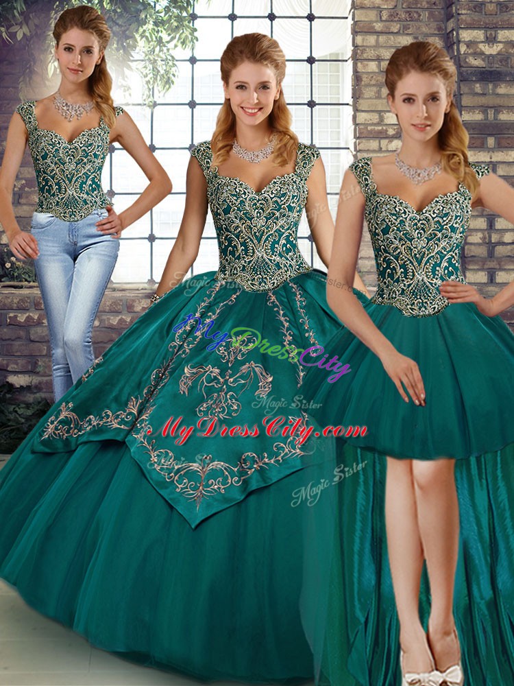Teal Tulle Lace Up Straps Sleeveless Floor Length Vestidos de Quinceanera Beading and Embroidery