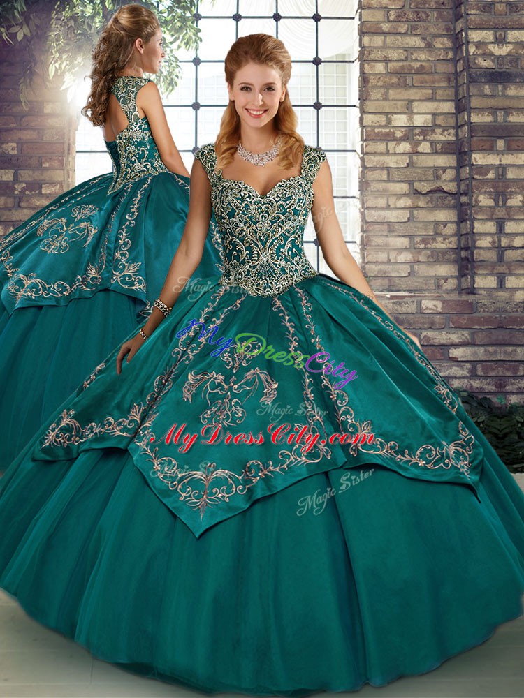 Teal Tulle Lace Up Straps Sleeveless Floor Length Vestidos de Quinceanera Beading and Embroidery