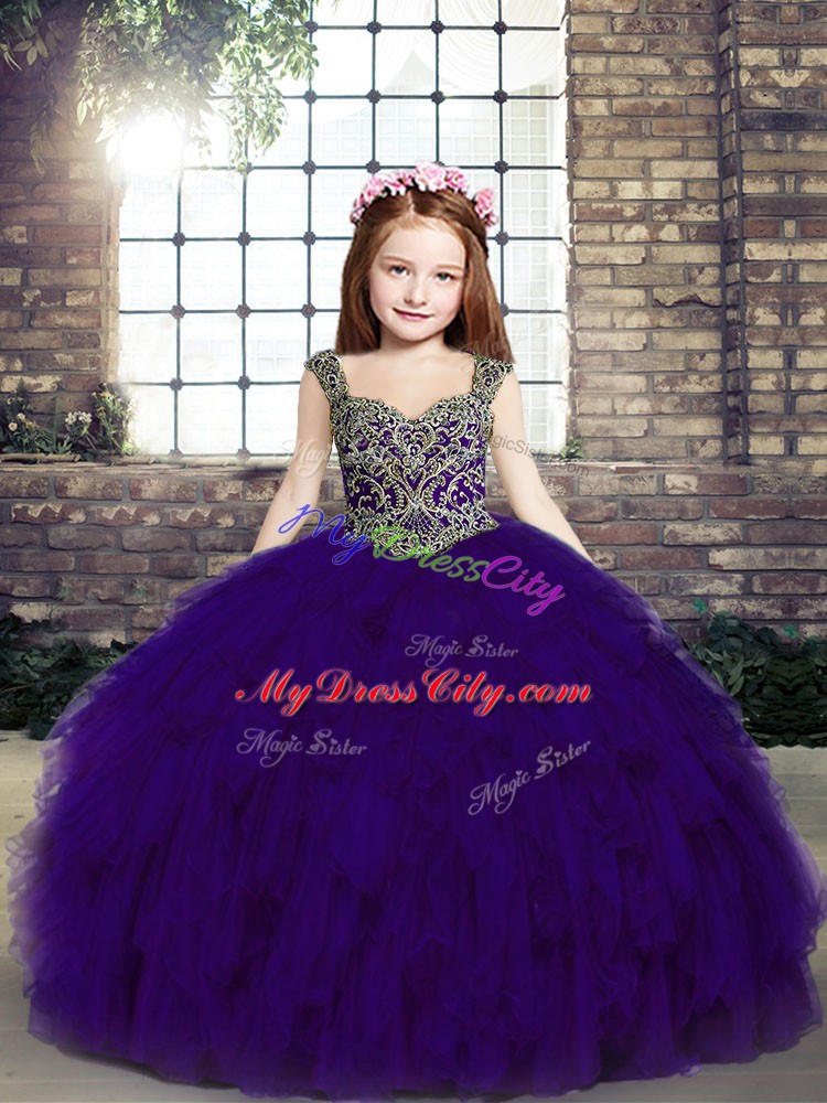 Purple Lace Up Straps Beading Little Girl Pageant Gowns Tulle Sleeveless