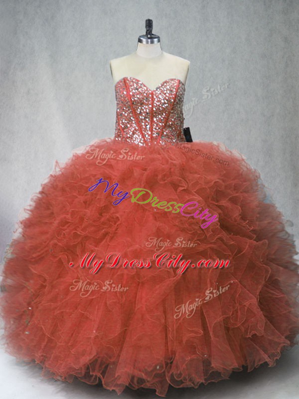 Beauteous Sleeveless Floor Length Beading and Ruffles Lace Up Quince Ball Gowns with Rust Red