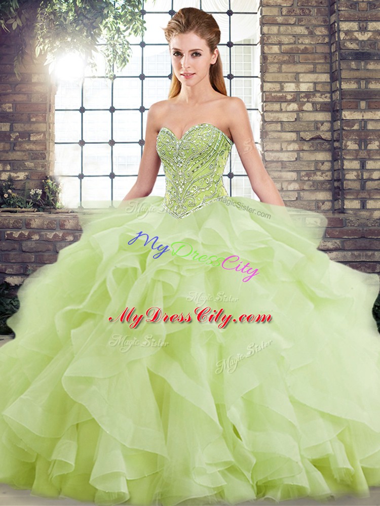 Yellow Green Tulle Lace Up Sweetheart Sleeveless Ball Gown Prom Dress Brush Train Beading and Ruffles