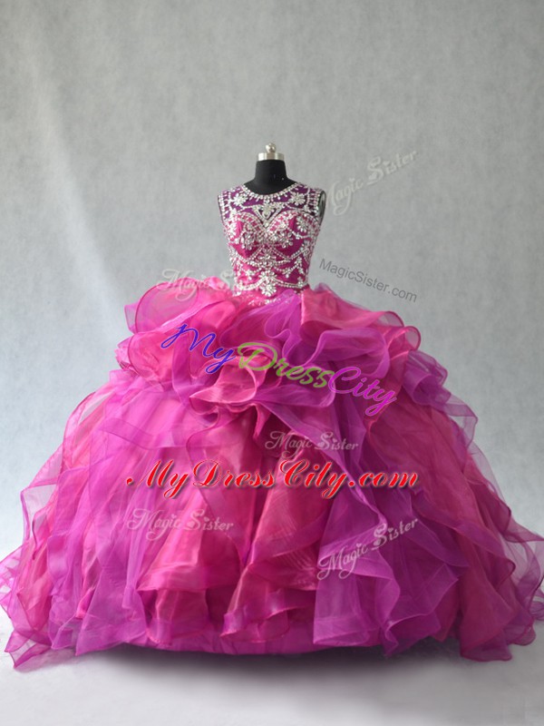 Custom Design Organza Scoop Sleeveless Lace Up Beading and Ruffles 15th Birthday Dress in Multi-color