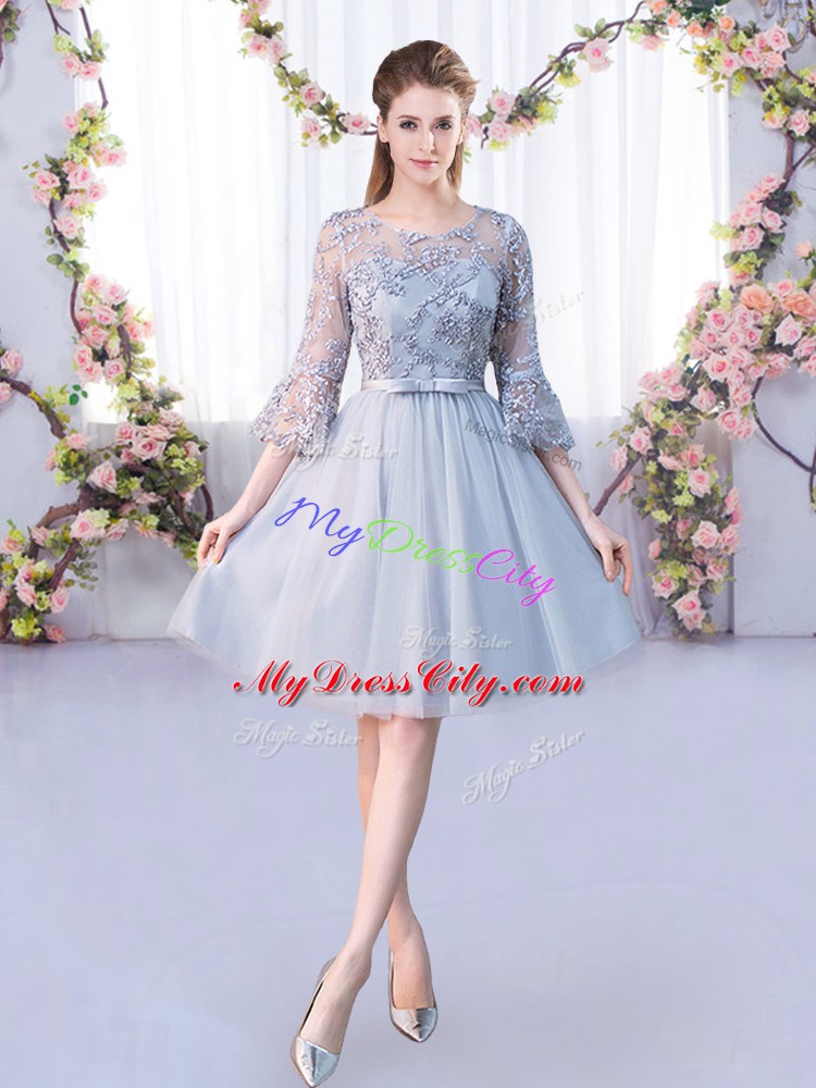 Grey Lace Up Court Dresses for Sweet 16 Lace and Belt 3 4 Length Sleeve Knee Length