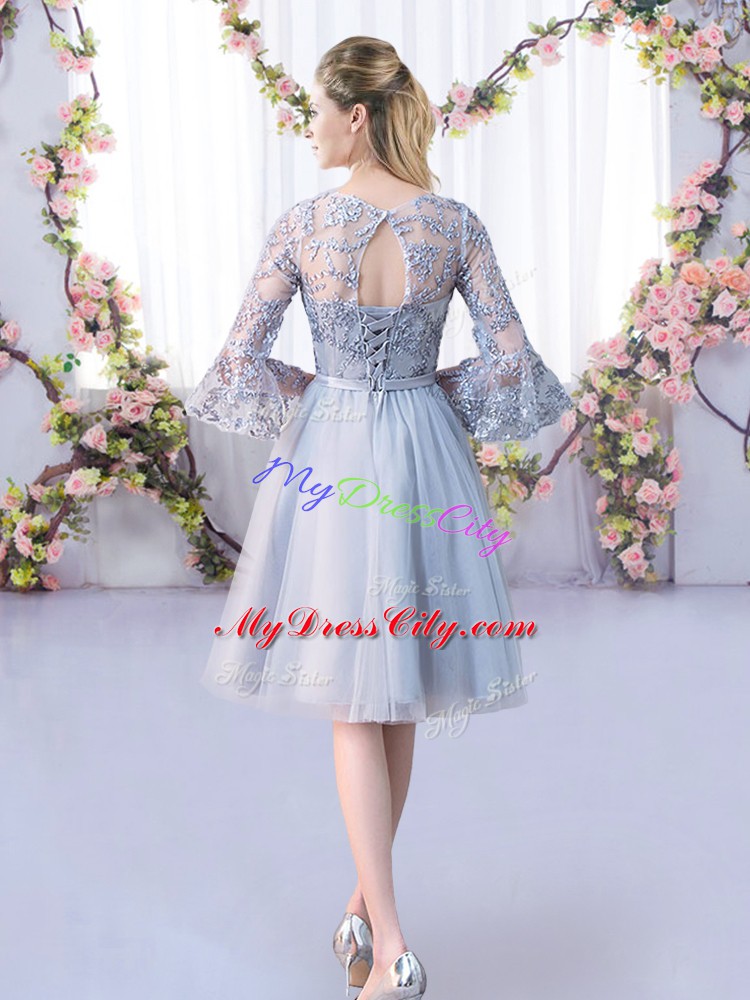 Grey Lace Up Court Dresses for Sweet 16 Lace and Belt 3 4 Length Sleeve Knee Length