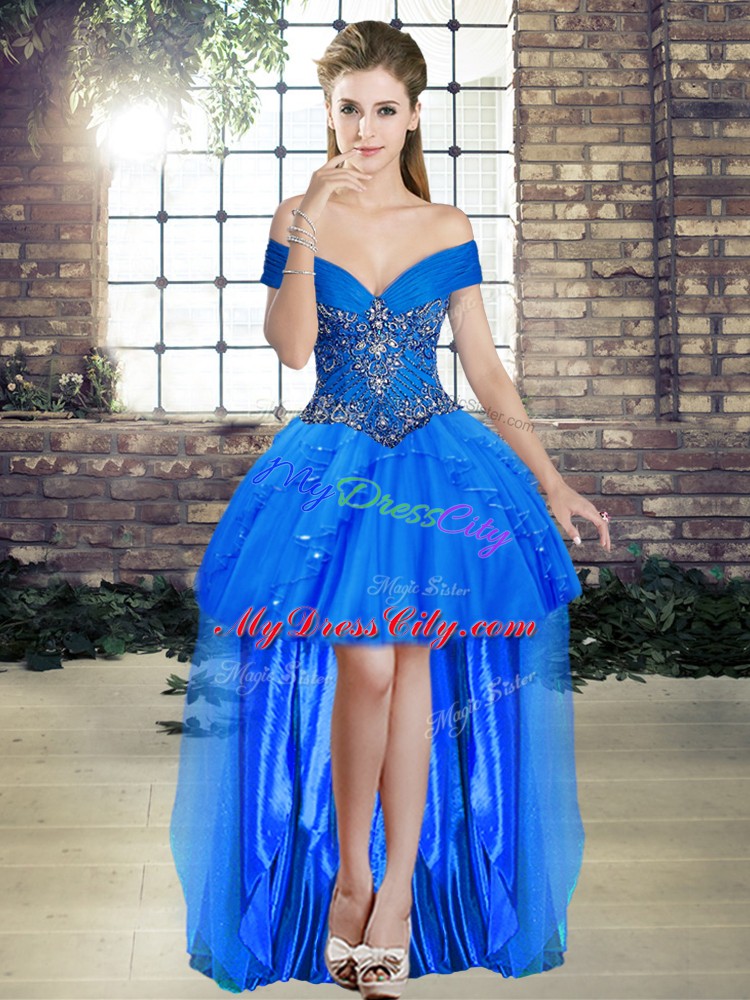 Cute Royal Blue Lace Up 15th Birthday Dress Beading and Ruffles Sleeveless Floor Length