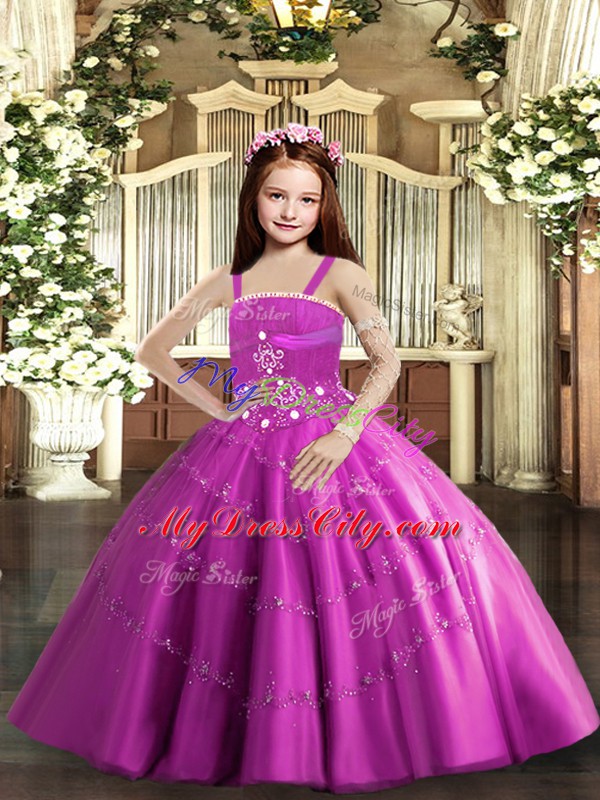 Eye-catching Straps Sleeveless Taffeta and Tulle Kids Formal Wear Beading Lace Up