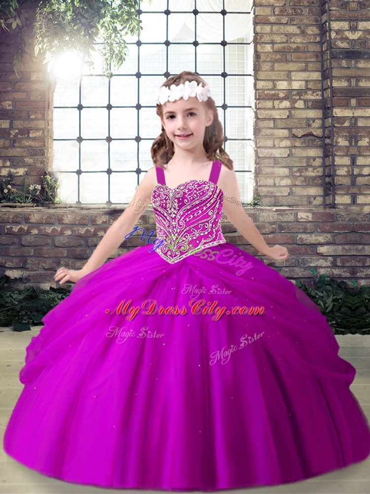 Straps Sleeveless Tulle Pageant Dress Wholesale Beading and Pick Ups Lace Up
