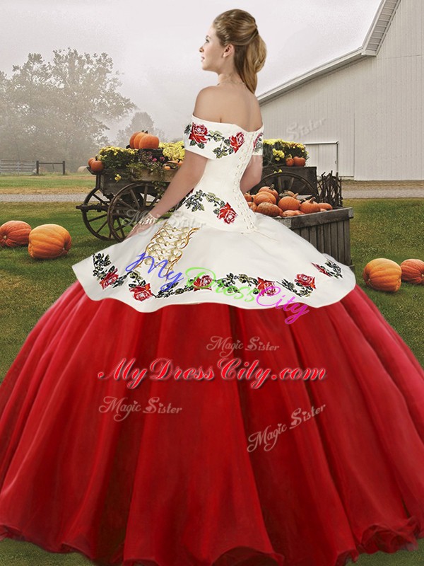 Brown Ball Gowns Organza Off The Shoulder Sleeveless Embroidery Floor Length Lace Up Quinceanera Dress