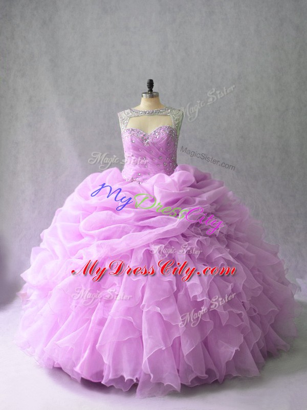 Vintage Brush Train Ball Gowns Quinceanera Gown Lilac Scoop Organza Sleeveless Lace Up