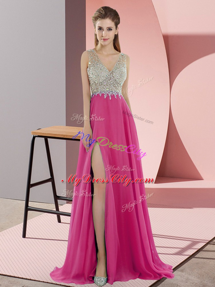 Custom Made Hot Pink Zipper Dress for Prom Beading Sleeveless Sweep Train