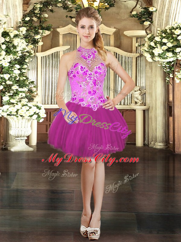 Eye-catching Fuchsia Halter Top Lace Up Embroidery Prom Dresses Sleeveless