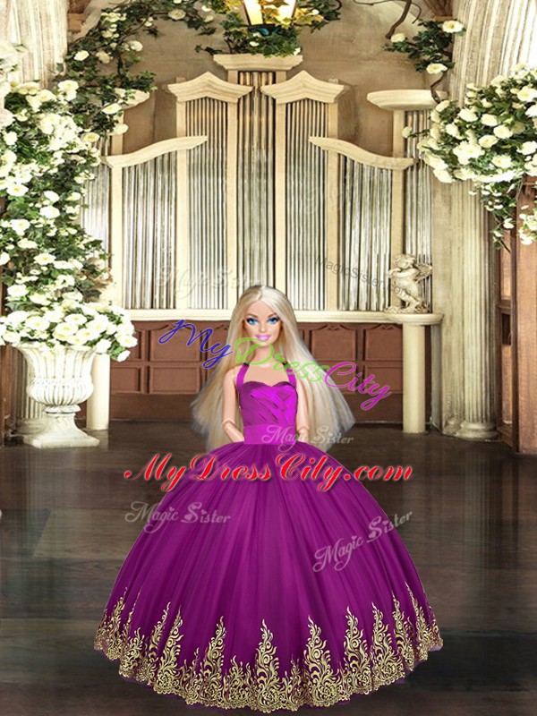 Pretty Fuchsia Tulle Lace Up Quinceanera Dress Sleeveless Floor Length Embroidery