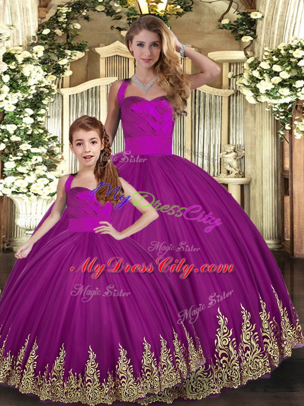 Pretty Fuchsia Tulle Lace Up Quinceanera Dress Sleeveless Floor Length Embroidery