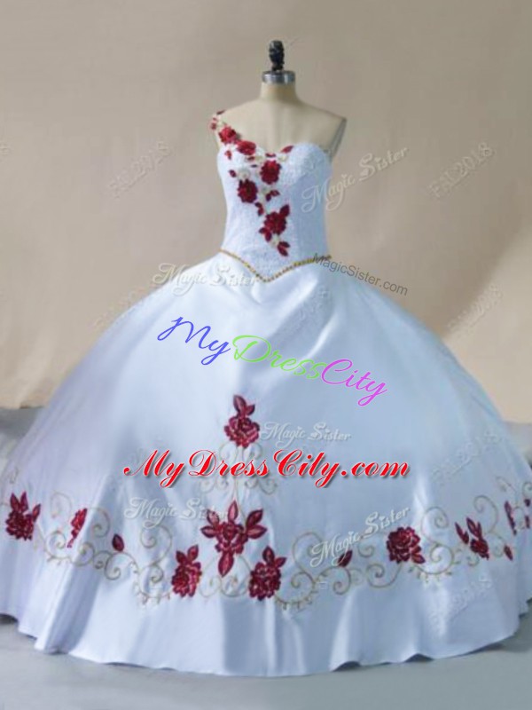 White Satin Lace Up One Shoulder Sleeveless Floor Length Sweet 16 Quinceanera Dress Embroidery