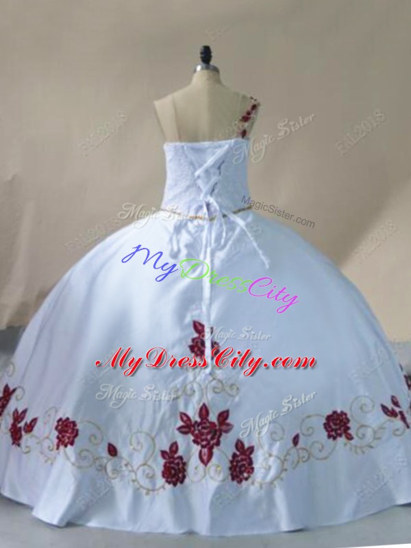 White Satin Lace Up One Shoulder Sleeveless Floor Length Sweet 16 Quinceanera Dress Embroidery