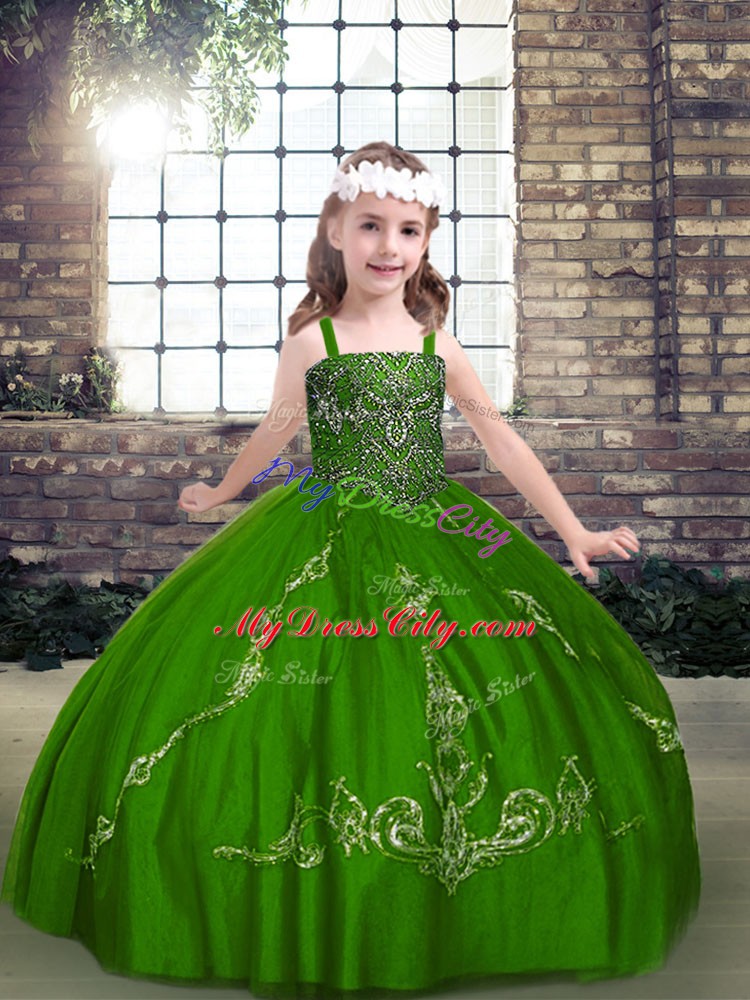 Admirable Green Long Sleeves Beading Floor Length Glitz Pageant Dress