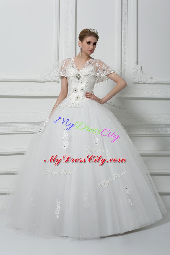 Charming White Short Sleeves Beading and Appliques Floor Length Bridal Gown