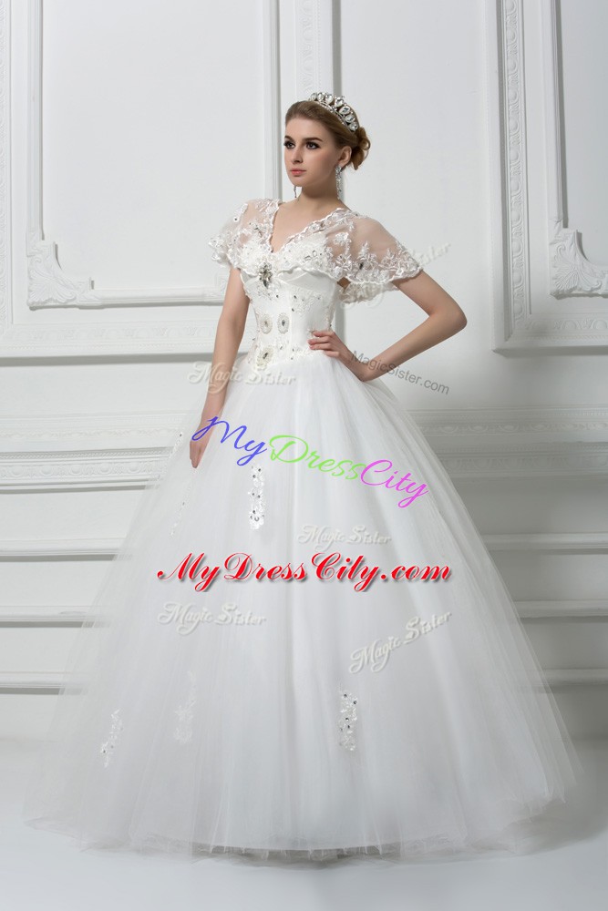 Charming White Short Sleeves Beading and Appliques Floor Length Bridal Gown