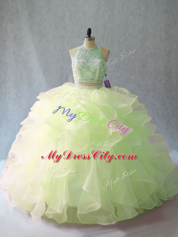 Yellow Green Sweet 16 Dress Sweet 16 and Quinceanera with Beading and Ruffles Halter Top Sleeveless Brush Train Backless