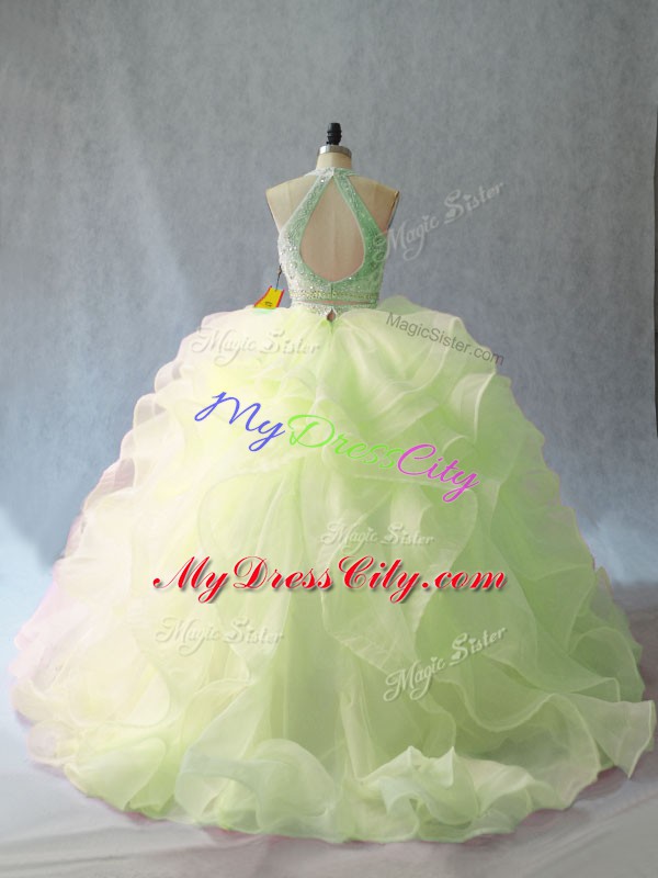 Yellow Green Sweet 16 Dress Sweet 16 and Quinceanera with Beading and Ruffles Halter Top Sleeveless Brush Train Backless