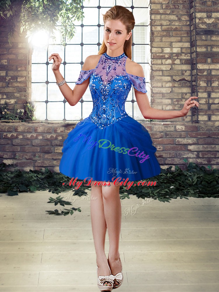 Royal Blue Lace Up Evening Dress Beading Sleeveless Mini Length