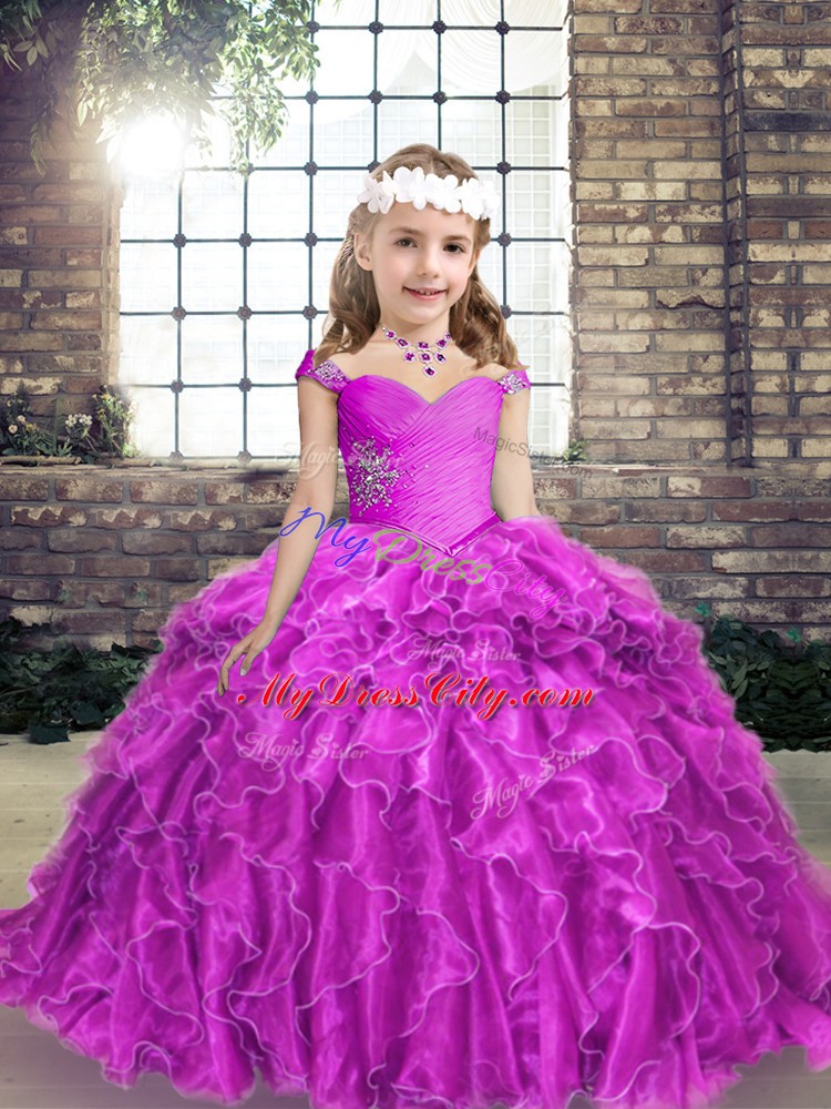 Floor Length Lace Up Winning Pageant Gowns Fuchsia for Party and Wedding Party with Beading and Ruffles