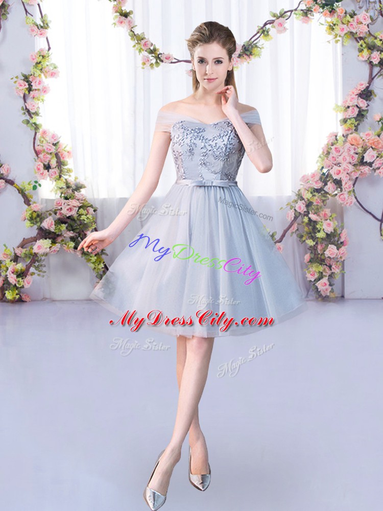 Traditional Knee Length Grey Bridesmaid Dress Tulle Sleeveless Lace and Belt