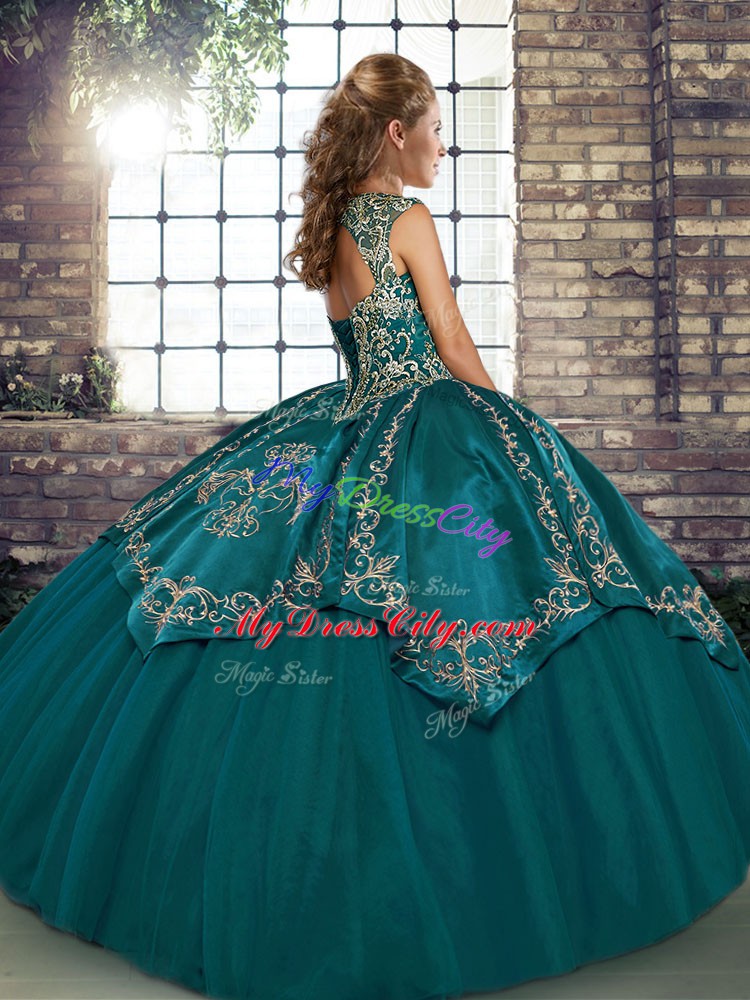 Stylish Floor Length Olive Green 15th Birthday Dress Tulle Sleeveless Beading and Embroidery