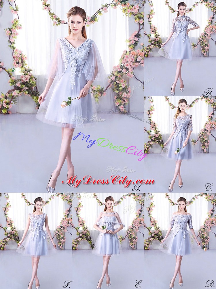 Spectacular Mini Length Lace Up Bridesmaid Dresses Grey for Wedding Party with Lace