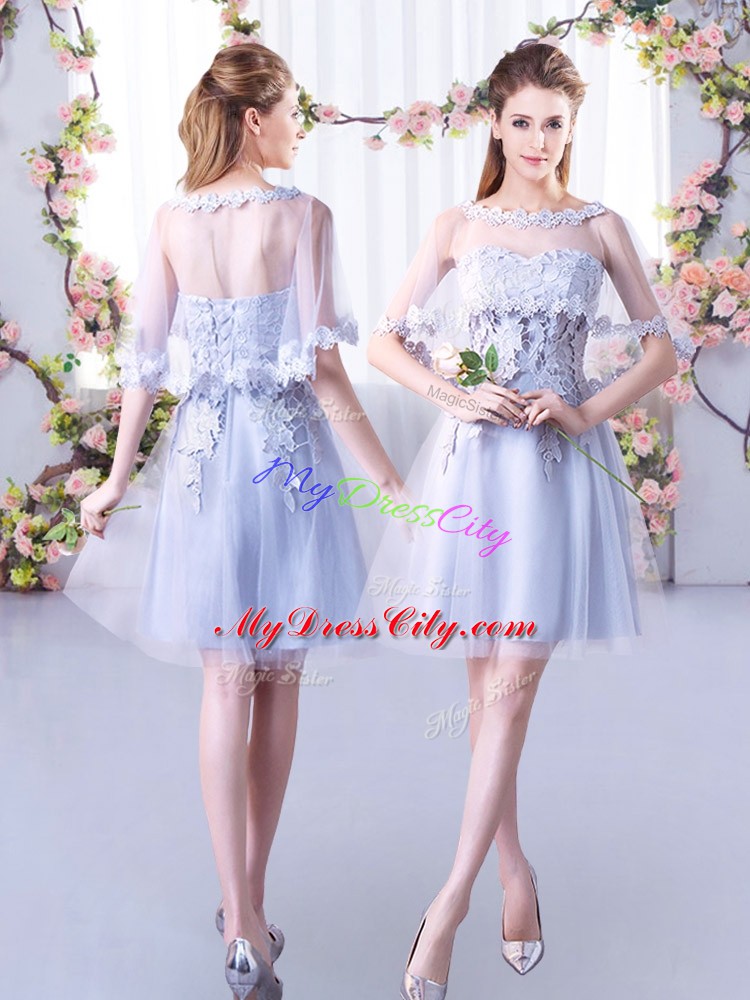 Spectacular Mini Length Lace Up Bridesmaid Dresses Grey for Wedding Party with Lace
