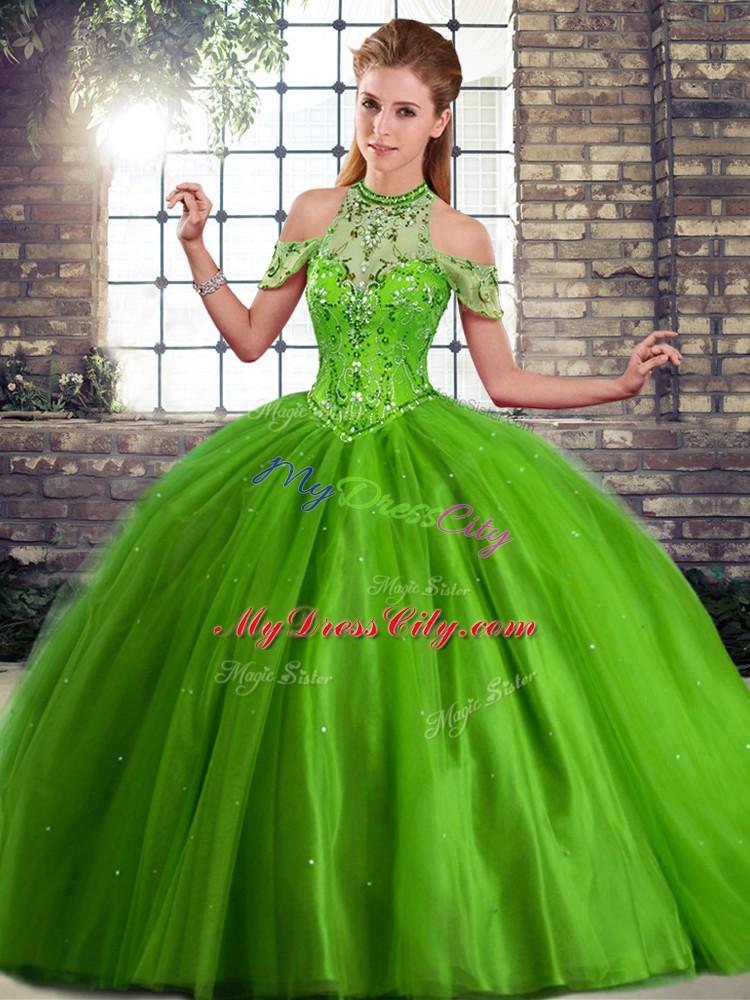 Unique Green Ball Gowns Halter Top Sleeveless Tulle Brush Train Lace Up Beading Quince Ball Gowns