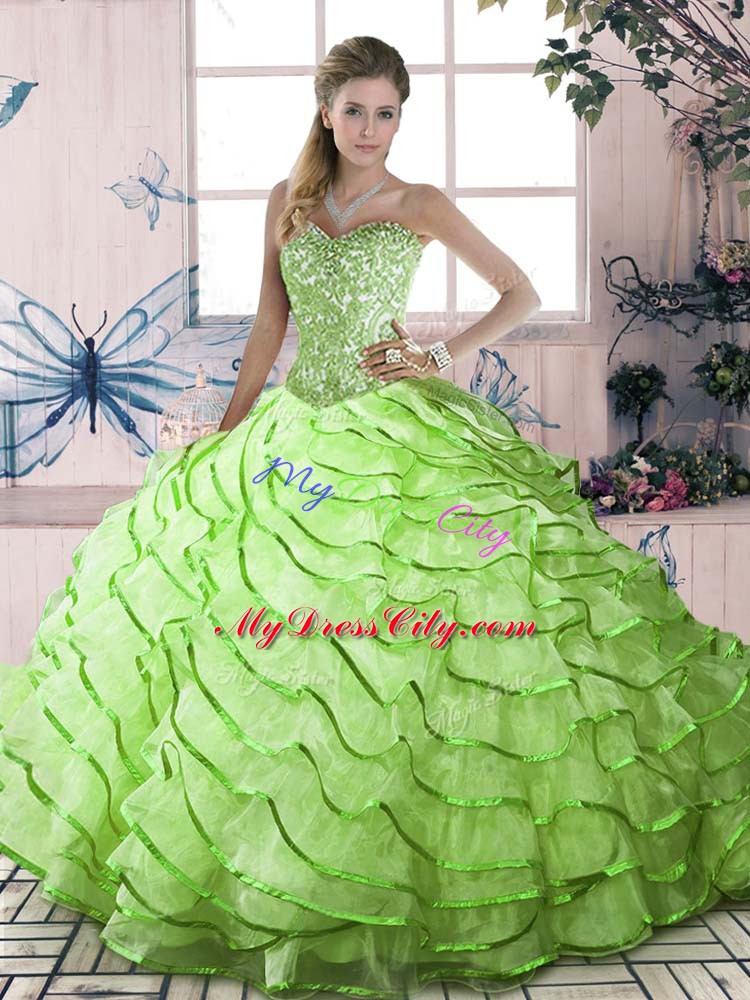 Yellow Green Lace Up Quince Ball Gowns Ruffled Layers Sleeveless Brush Train