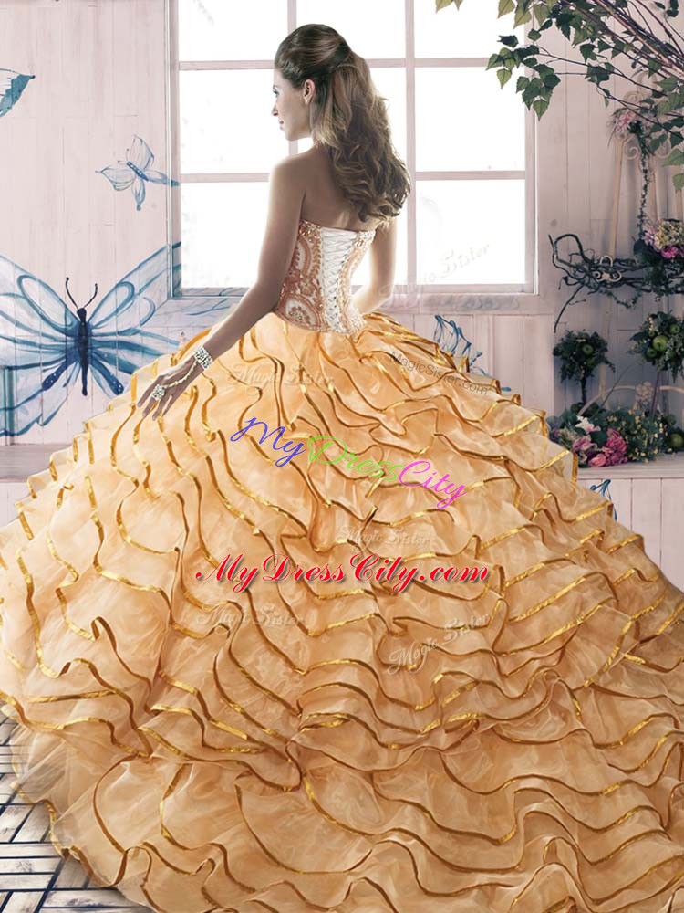 Yellow Green Lace Up Quince Ball Gowns Ruffled Layers Sleeveless Brush Train