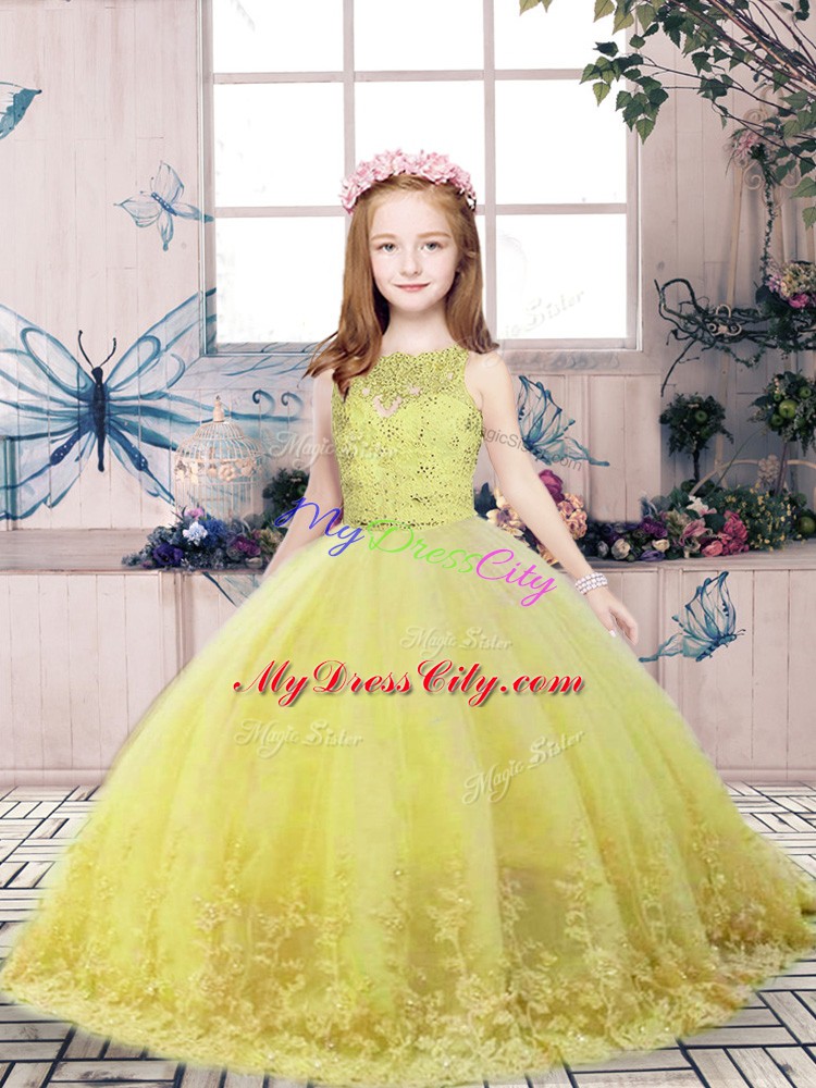 Yellow Green Sleeveless Tulle Backless Pageant Dresses for Party and Wedding Party