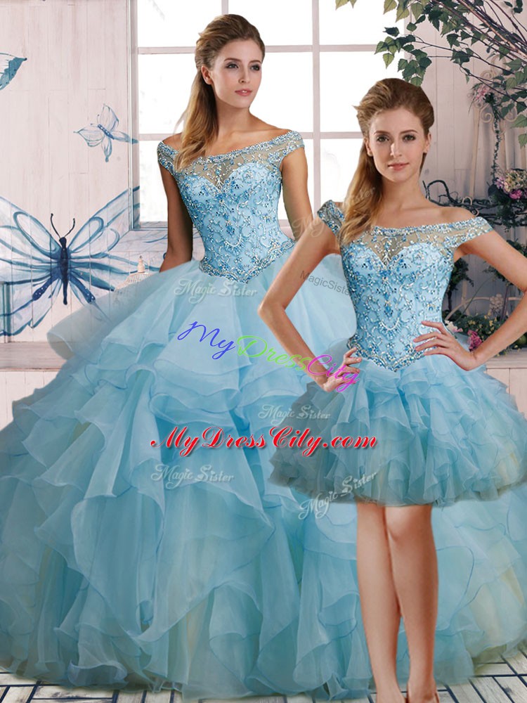 Latest Light Blue Three Pieces Organza Off The Shoulder Sleeveless Beading and Ruffles Floor Length Lace Up Sweet 16 Dress