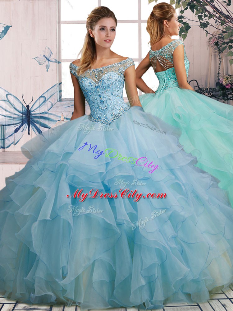 Latest Light Blue Three Pieces Organza Off The Shoulder Sleeveless Beading and Ruffles Floor Length Lace Up Sweet 16 Dress