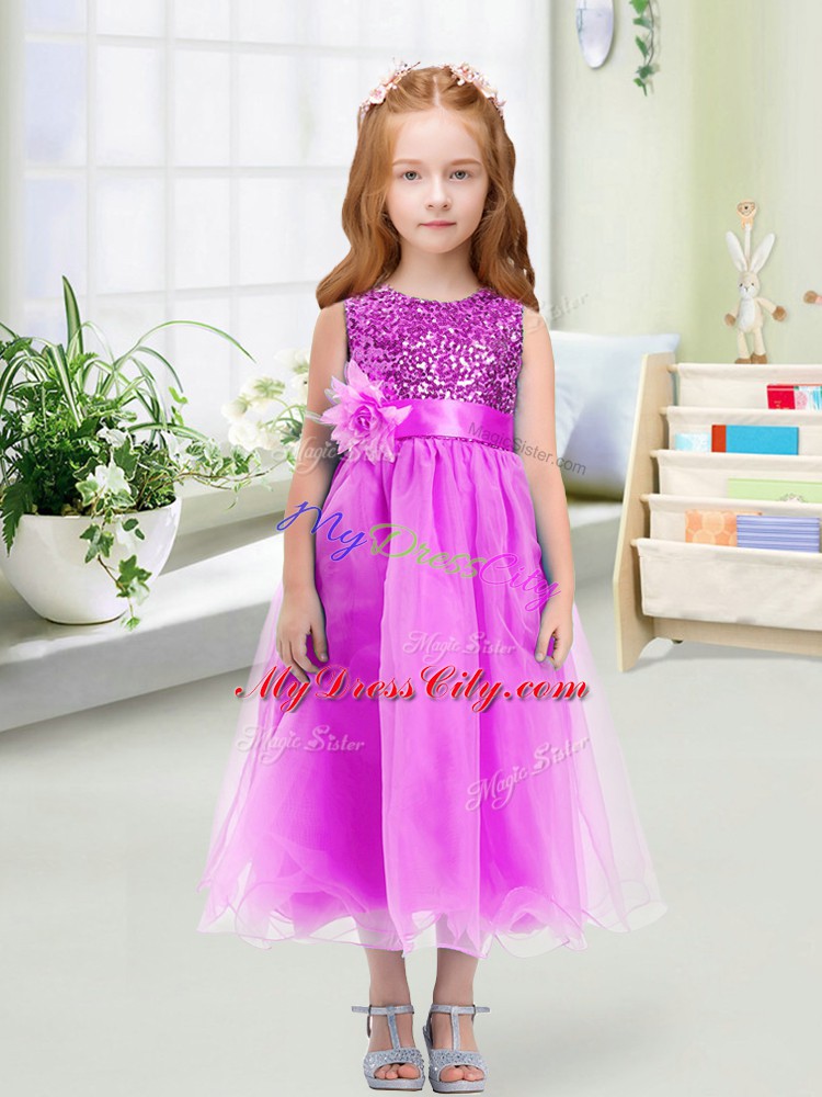 Lilac Empire Scoop Sleeveless Organza Tea Length Zipper Sequins and Hand Made Flower Flower Girl Dress