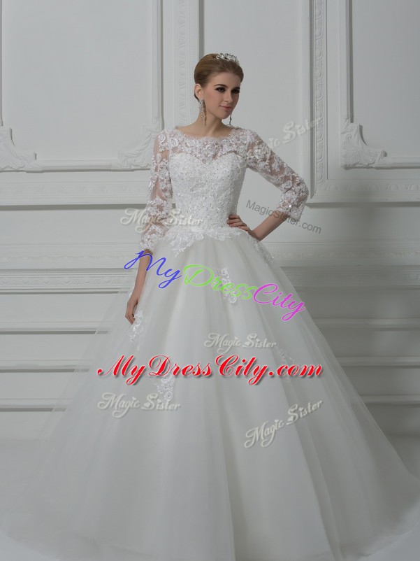 White Bridal Gown Tulle Brush Train 3 4 Length Sleeve Beading and Lace