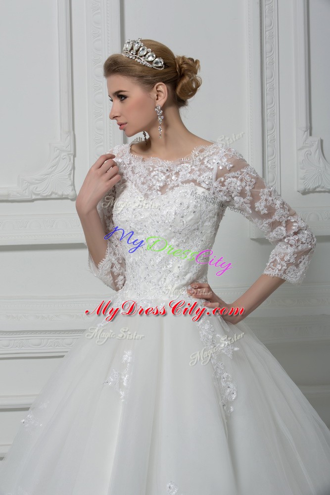 White Bridal Gown Tulle Brush Train 3 4 Length Sleeve Beading and Lace
