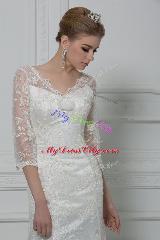 Dazzling 3 4 Length Sleeve Lace Brush Train Lace Up Wedding Dresses in White with Lace and Hand Made Flower