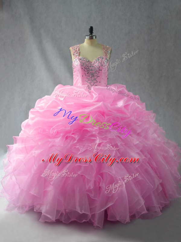 Baby Pink Ball Gowns Beading and Ruffles and Pick Ups Vestidos de Quinceanera Zipper Organza Sleeveless Floor Length