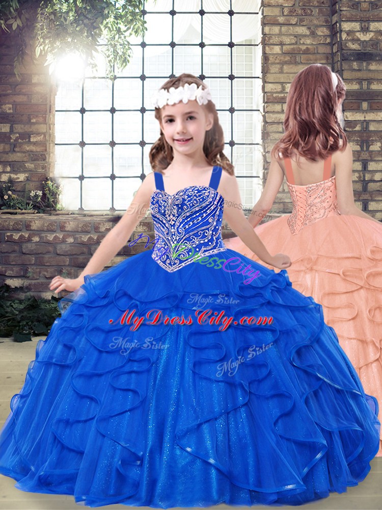 Royal Blue Sleeveless Tulle Lace Up Little Girls Pageant Dress for Party and Military Ball and Wedding Party