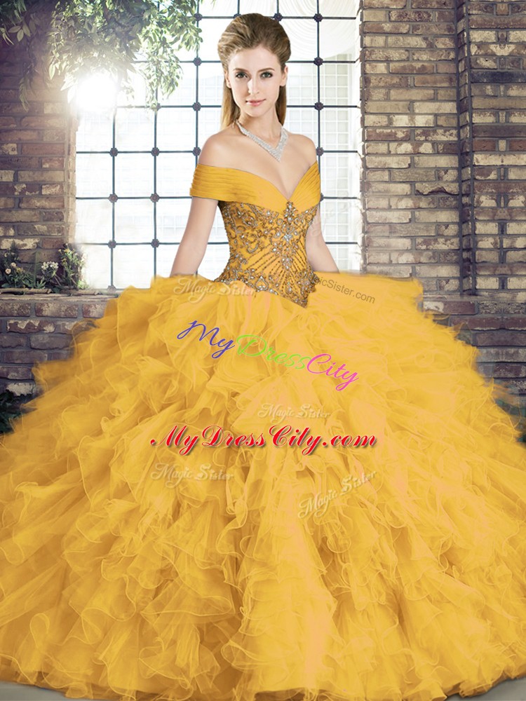 Gold Ball Gowns Tulle Off The Shoulder Sleeveless Beading and Ruffles Floor Length Lace Up Ball Gown Prom Dress