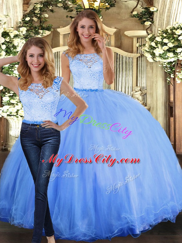 Custom Fit Scoop Sleeveless 15th Birthday Dress Floor Length Lace Blue Tulle