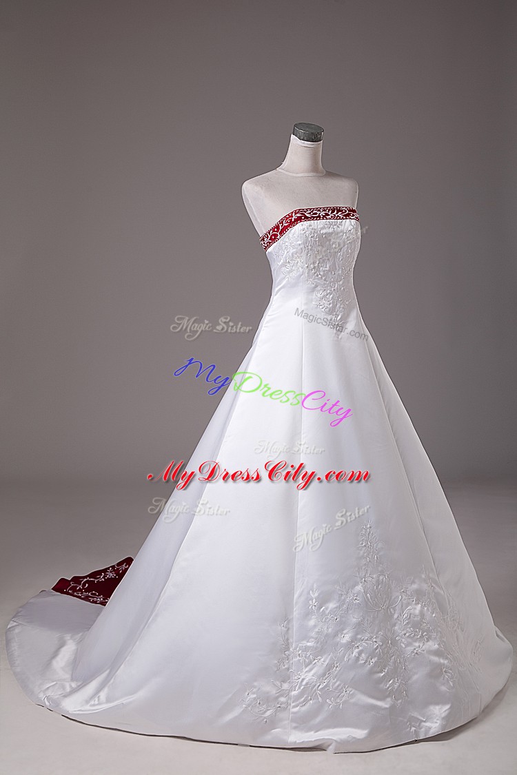Dazzling White Wedding Gown Satin Brush Train Sleeveless Beading and Embroidery