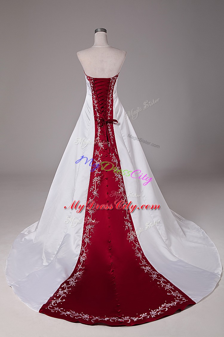 Dazzling White Wedding Gown Satin Brush Train Sleeveless Beading and Embroidery