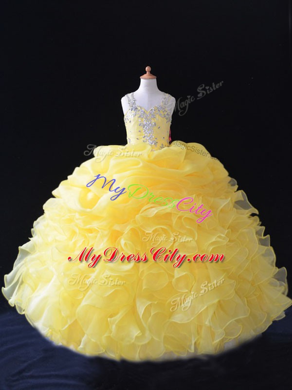 Yellow Ball Gowns Organza Straps Sleeveless Beading and Ruffles and Pick Ups Floor Length Zipper Kids Formal Wear